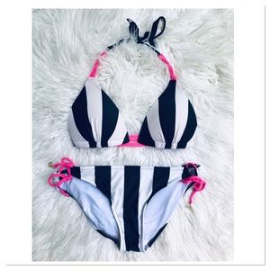B. Swim Bikini Swimsuit Set Pucker Up Buttercup Striped Blue, White, Hot Pink M